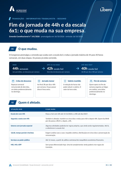 Capa do resumo da transição da jornada de 44h e da escala 6x1