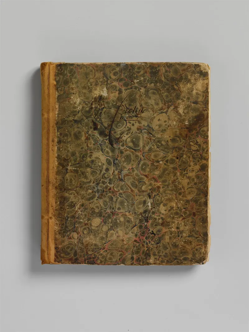 Capa marmorizada de um livro razão antigo