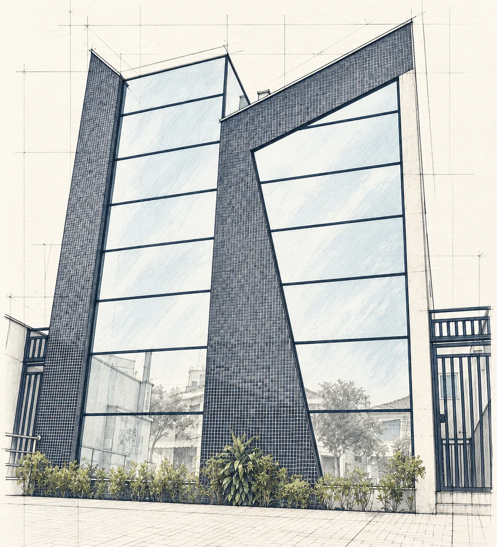 Desenho técnico da fachada da sede da Acrescent